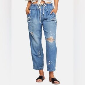 Free People Distressed Paint Splotch Blue Women's Jeans